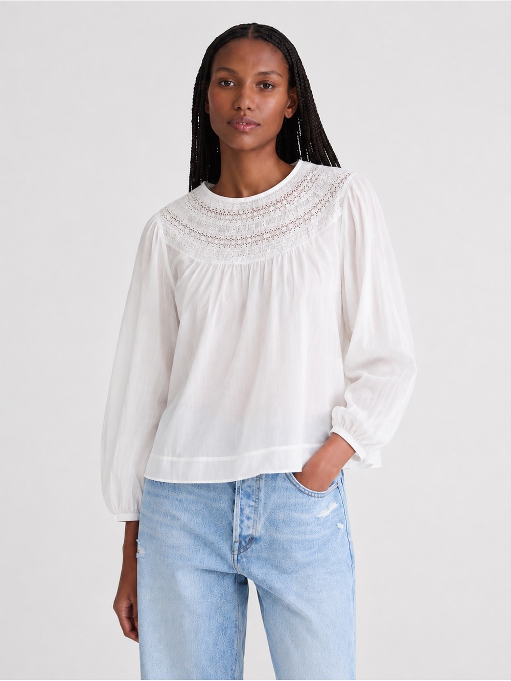 NWT Madewell White Lace Yoke Cotton Balloon Sleeve Blouse Top Size L Embroidered